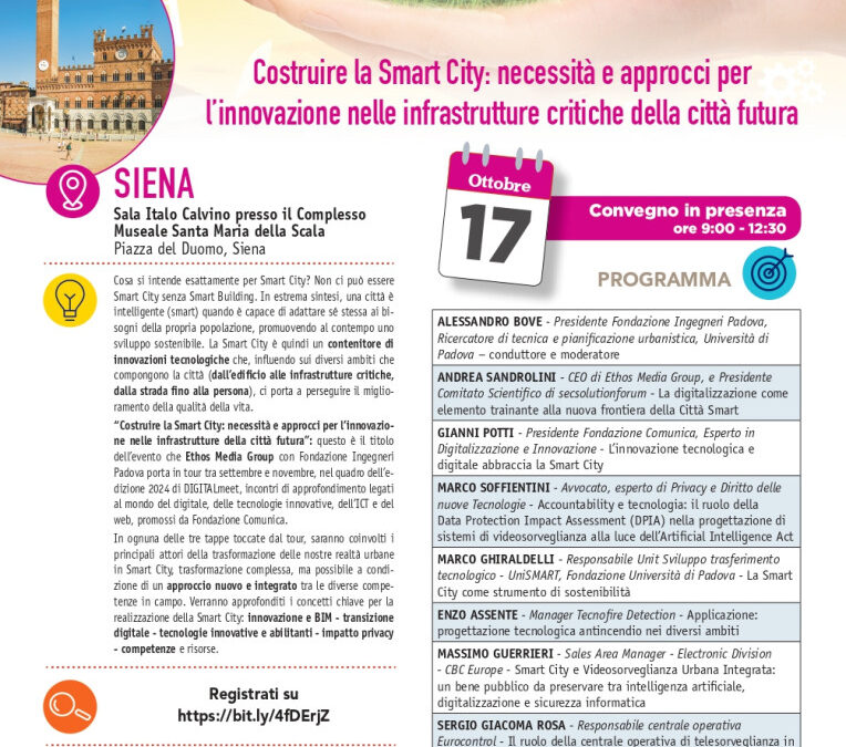 17 OTTOBRE 2024                                                           Costruire la Smart City: necessità e approcci perl’innovazione nelle infrastrutture critiche della città futura